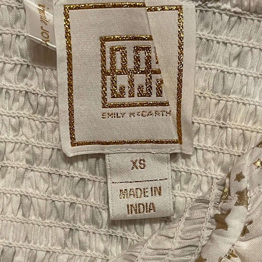 Emily McCarthy White Gold Metallic Stars Print Puff Sleeve Smocked Top Boho XS - Picture 6 of 8
